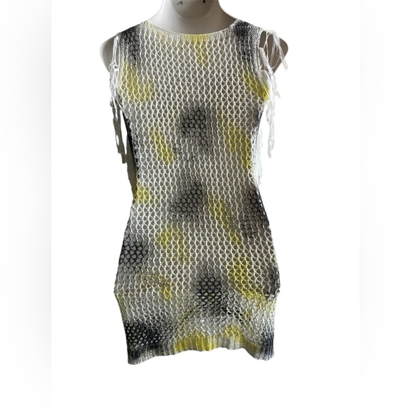 Beach Pool Coverup White Yellow & Black Mesh Sleeveless With Tassels - Picture 3 of 9